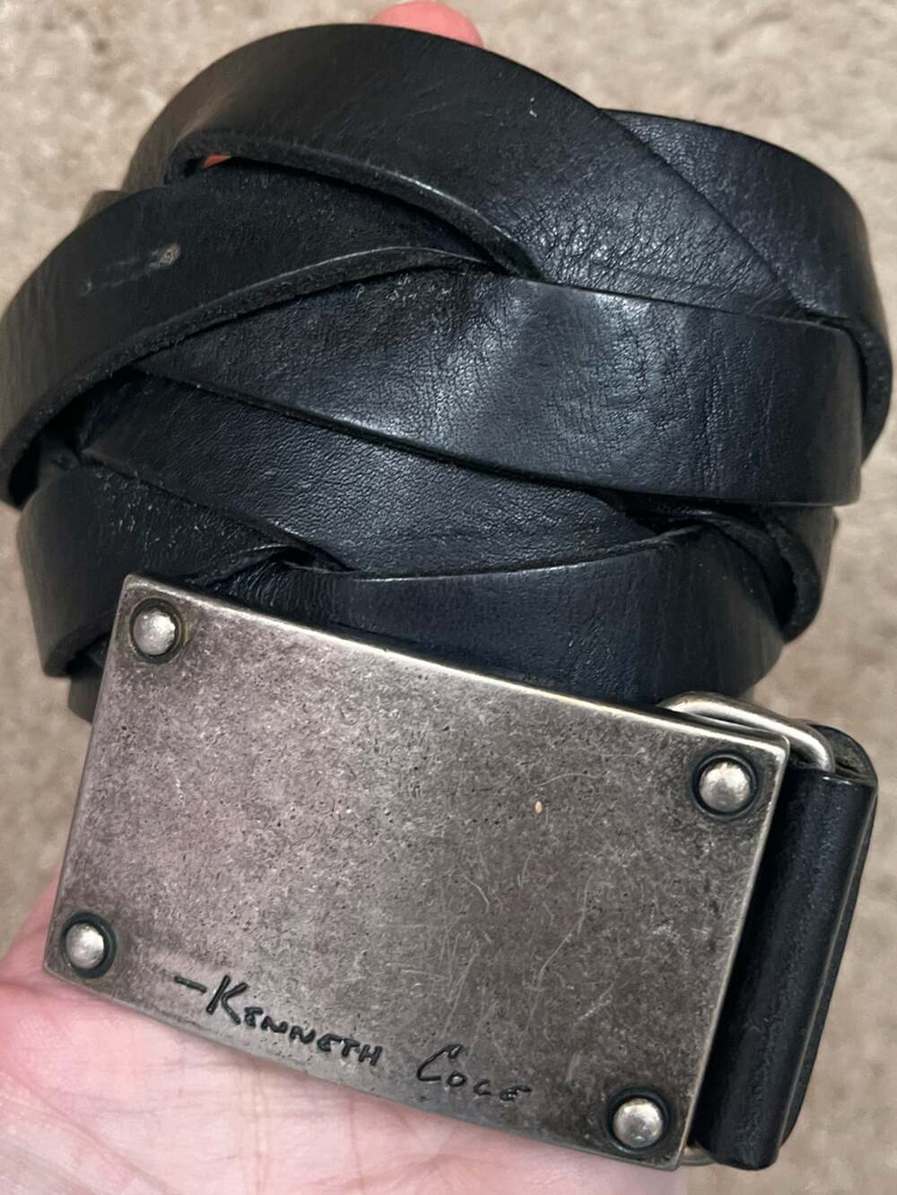 Kenneth Cole Black Leather Braided Belt Distressed Silver Buckle Size 36